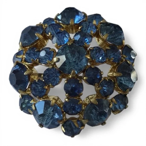 Vintage Gold-tone Signed Czechoslovakia Blue Rhinestone Brooch • Prong‑Set - Picture 4 of 13